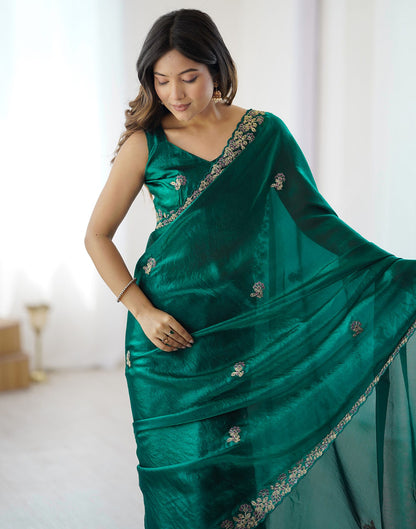 Teal Green Tissue Silk Sequence Embroidery Saree