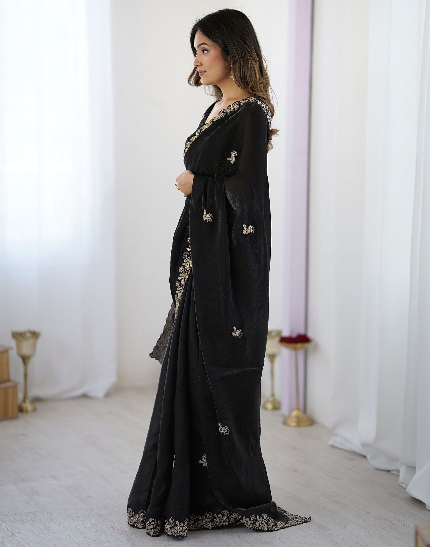 Black Tissue Silk Sequence Embroidery Saree