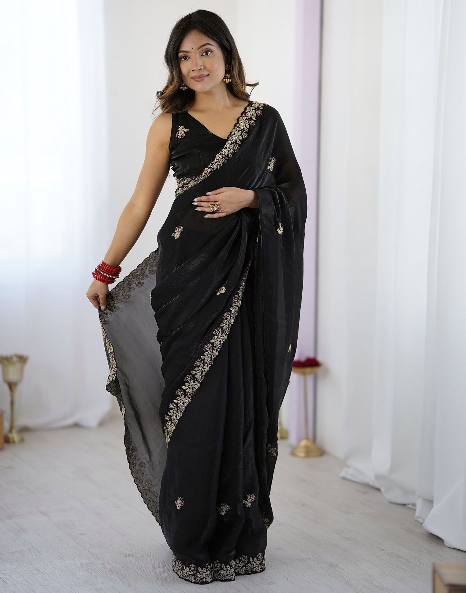 Black Tissue Silk Sequence Embroidery Saree