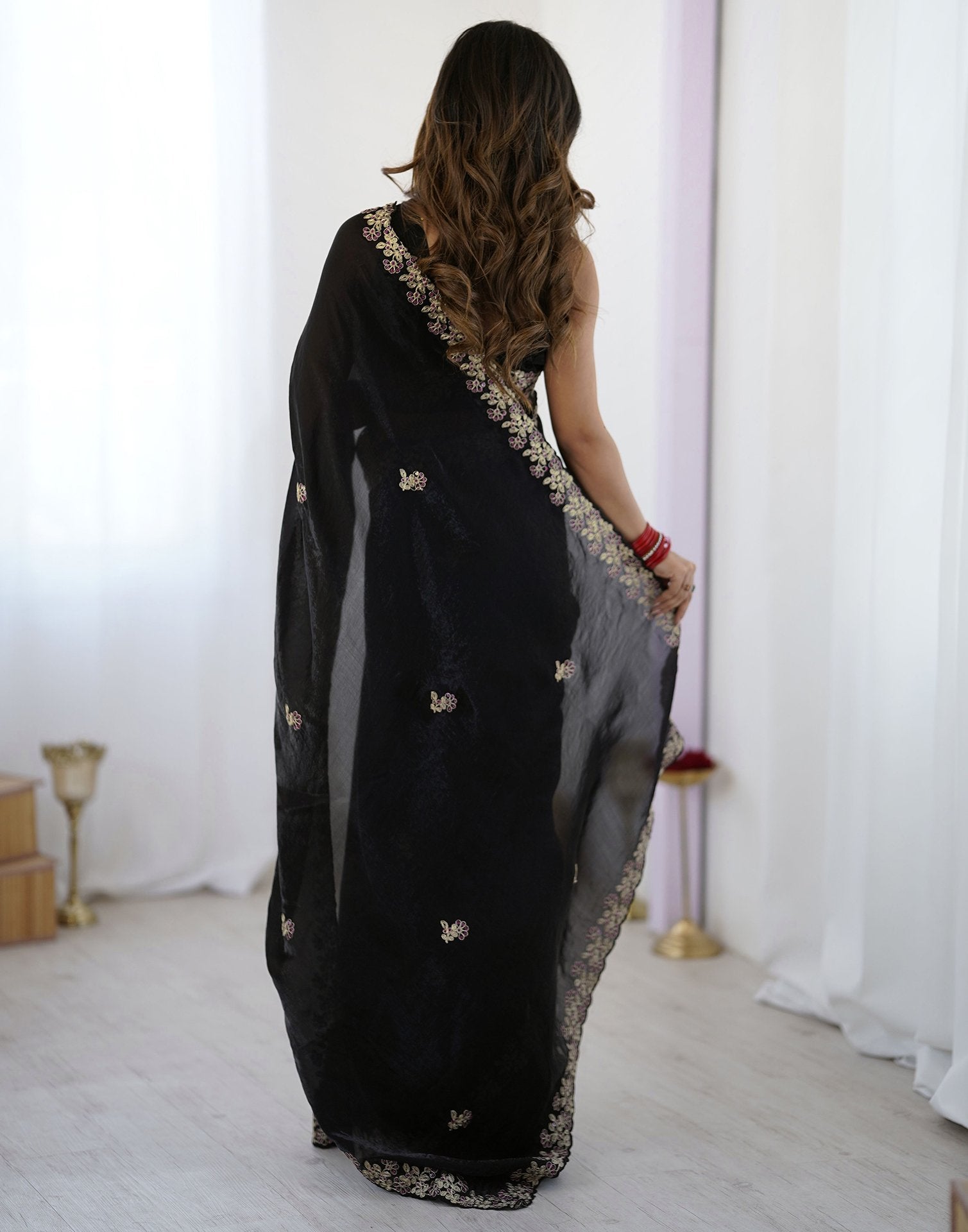 Black Tissue Silk Sequence Embroidery Saree