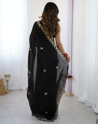 Black Tissue Silk Sequence Embroidery Saree