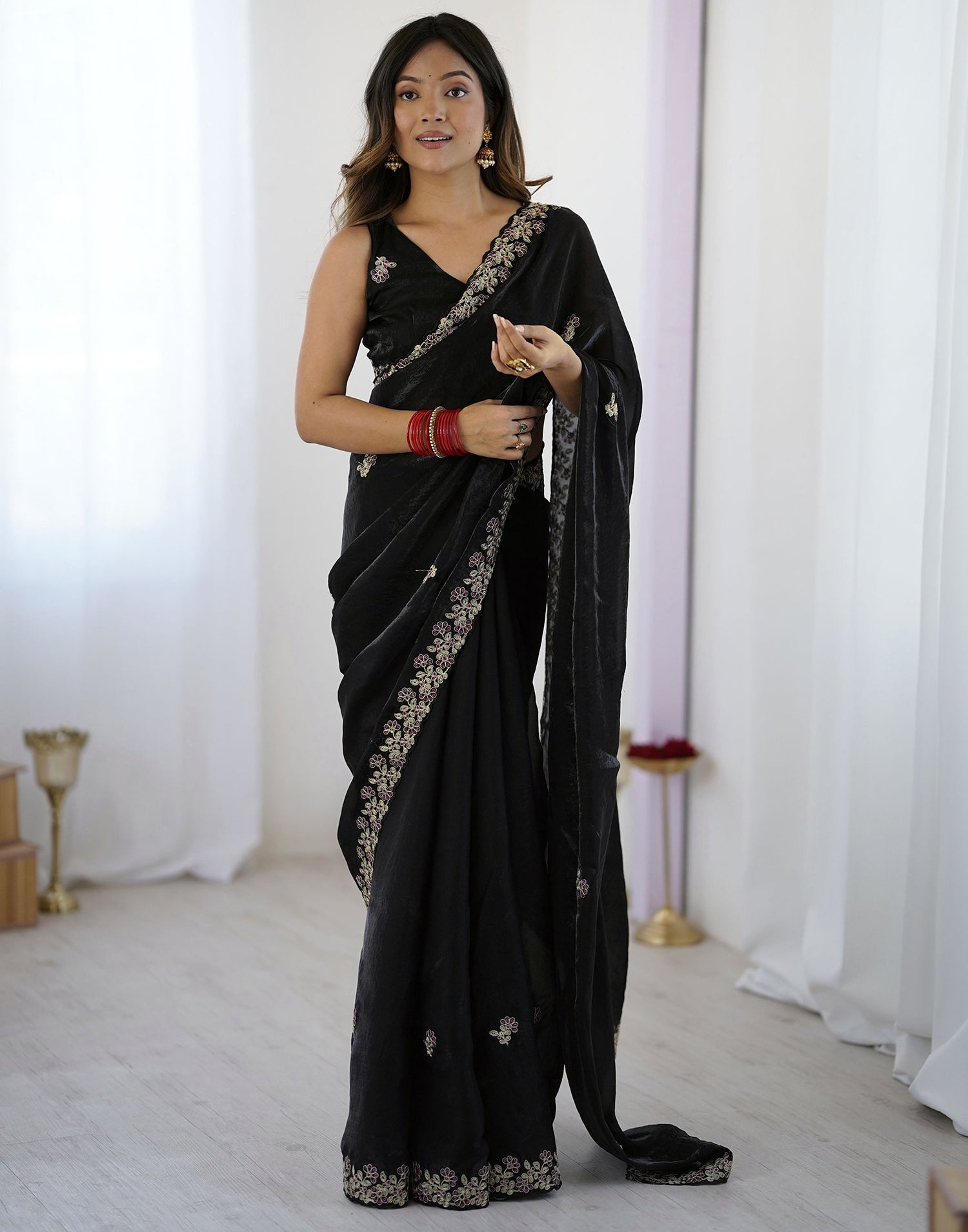 Black Tissue Silk Sequence Embroidery Saree
