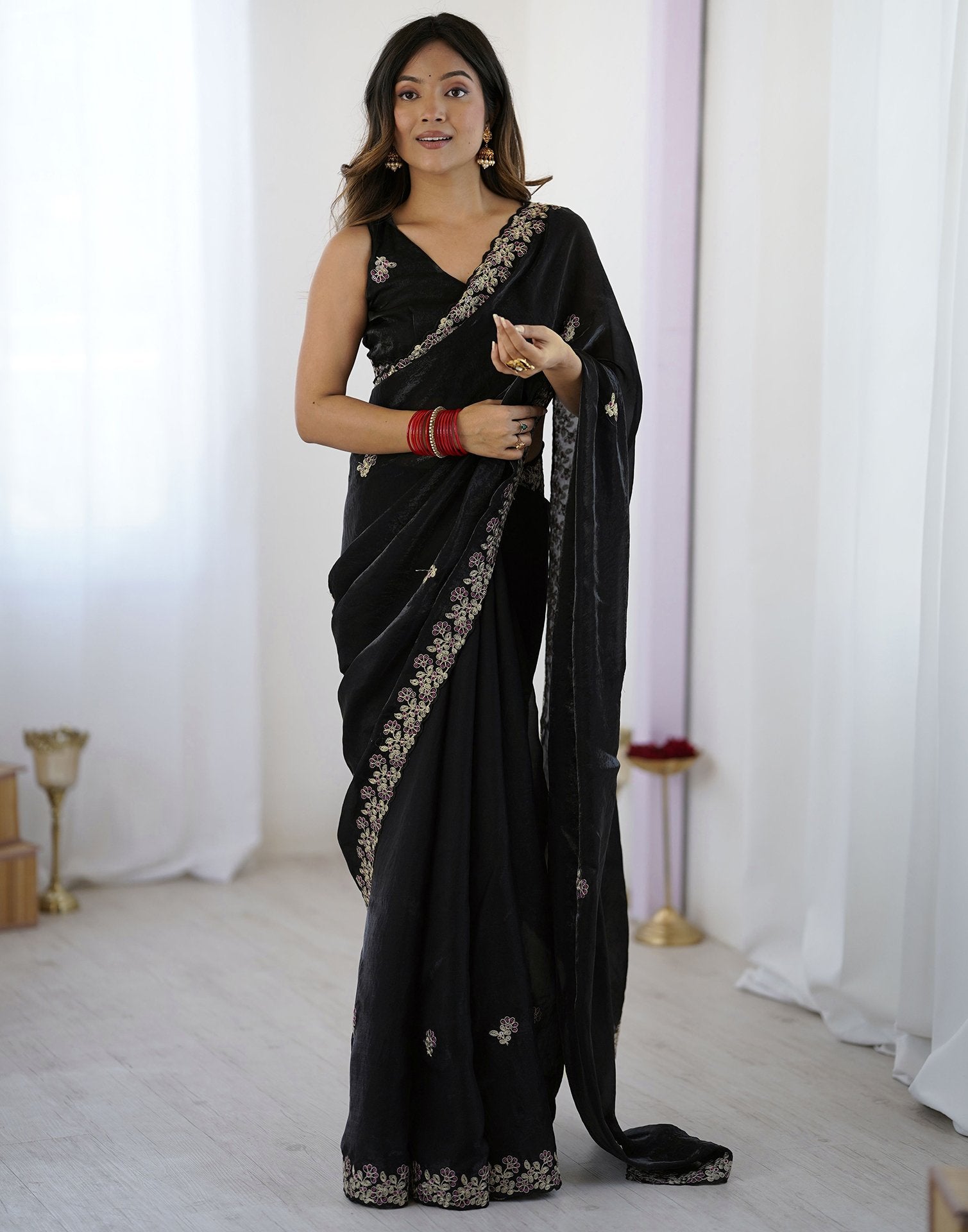 Black Tissue Silk Sequence Embroidery Saree
