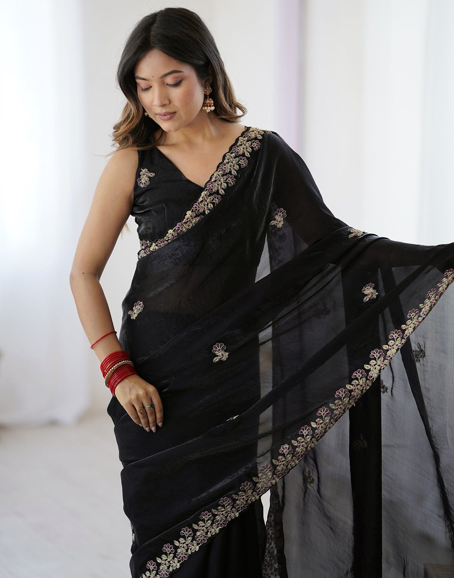 Black Tissue Silk Sequence Embroidery Saree