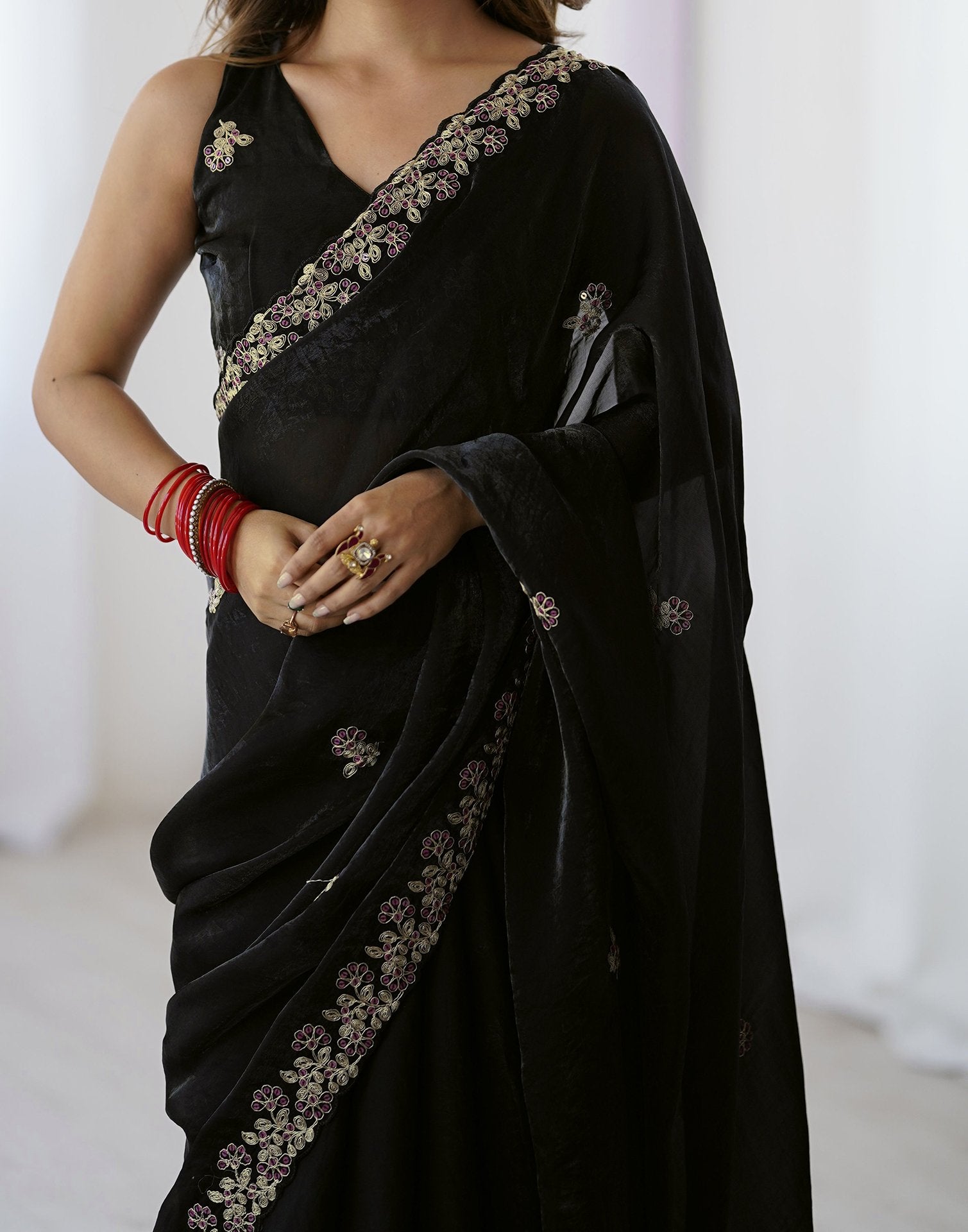 Black Tissue Silk Sequence Embroidery Saree