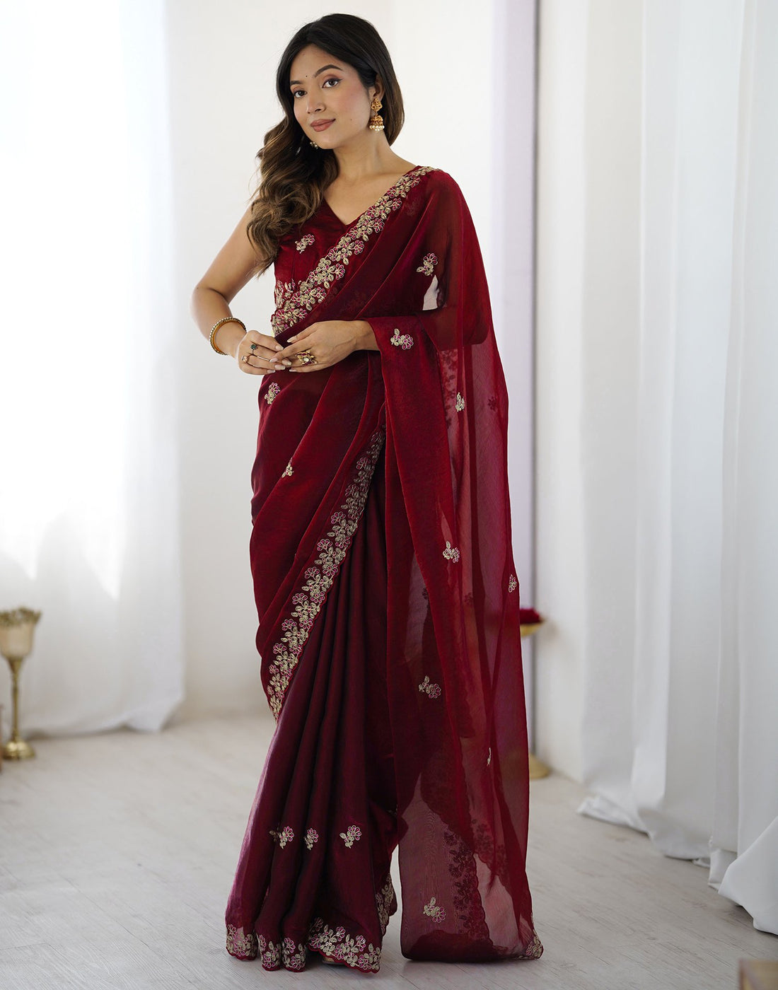 Maroon Tissue Silk Sequence Embroidery Saree
