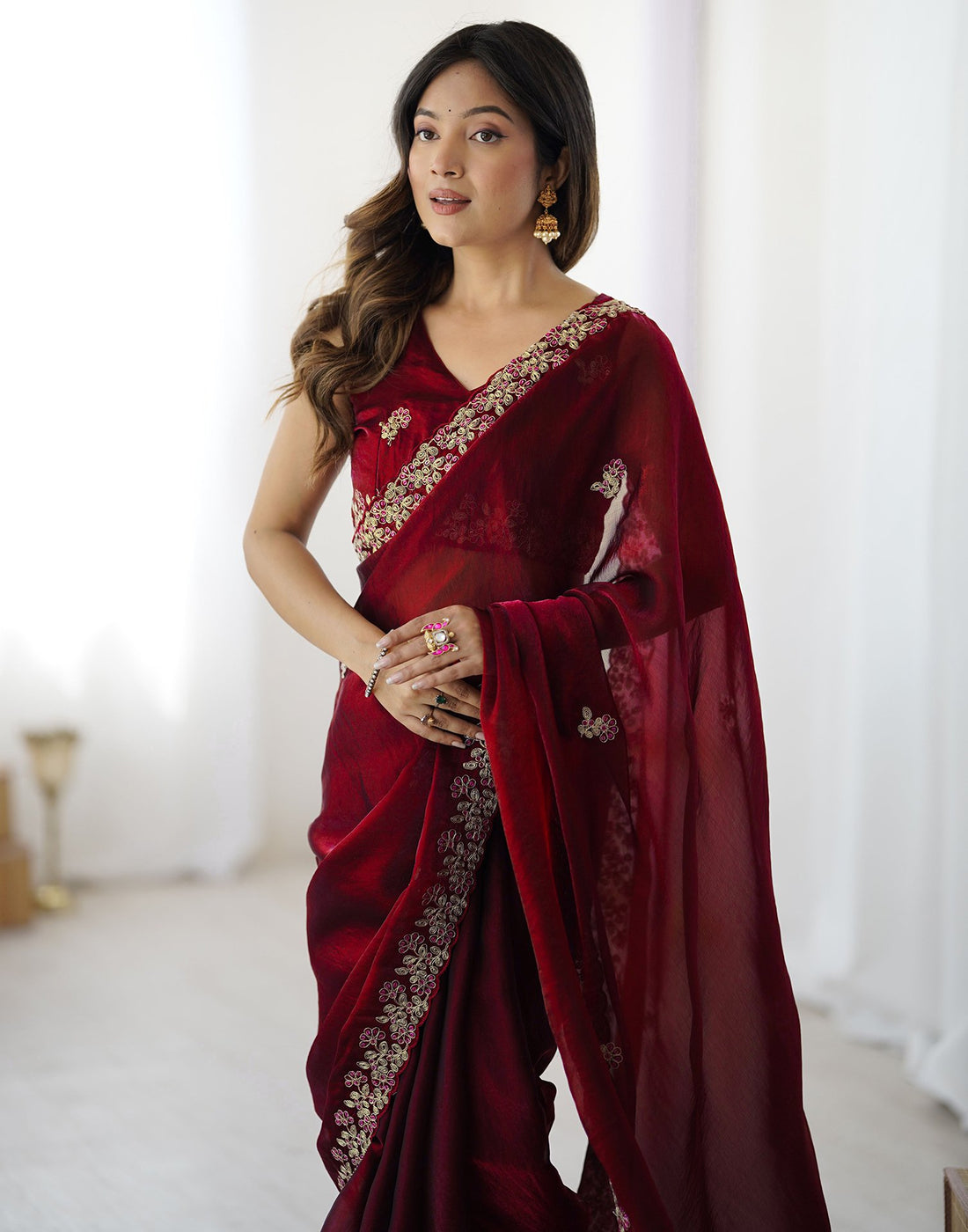 Maroon Tissue Silk Sequence Embroidery Saree