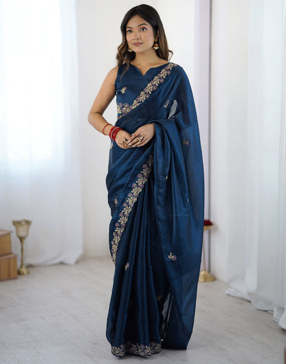 Dark Teal Blue Tissue Silk Sequence Embroidery Saree