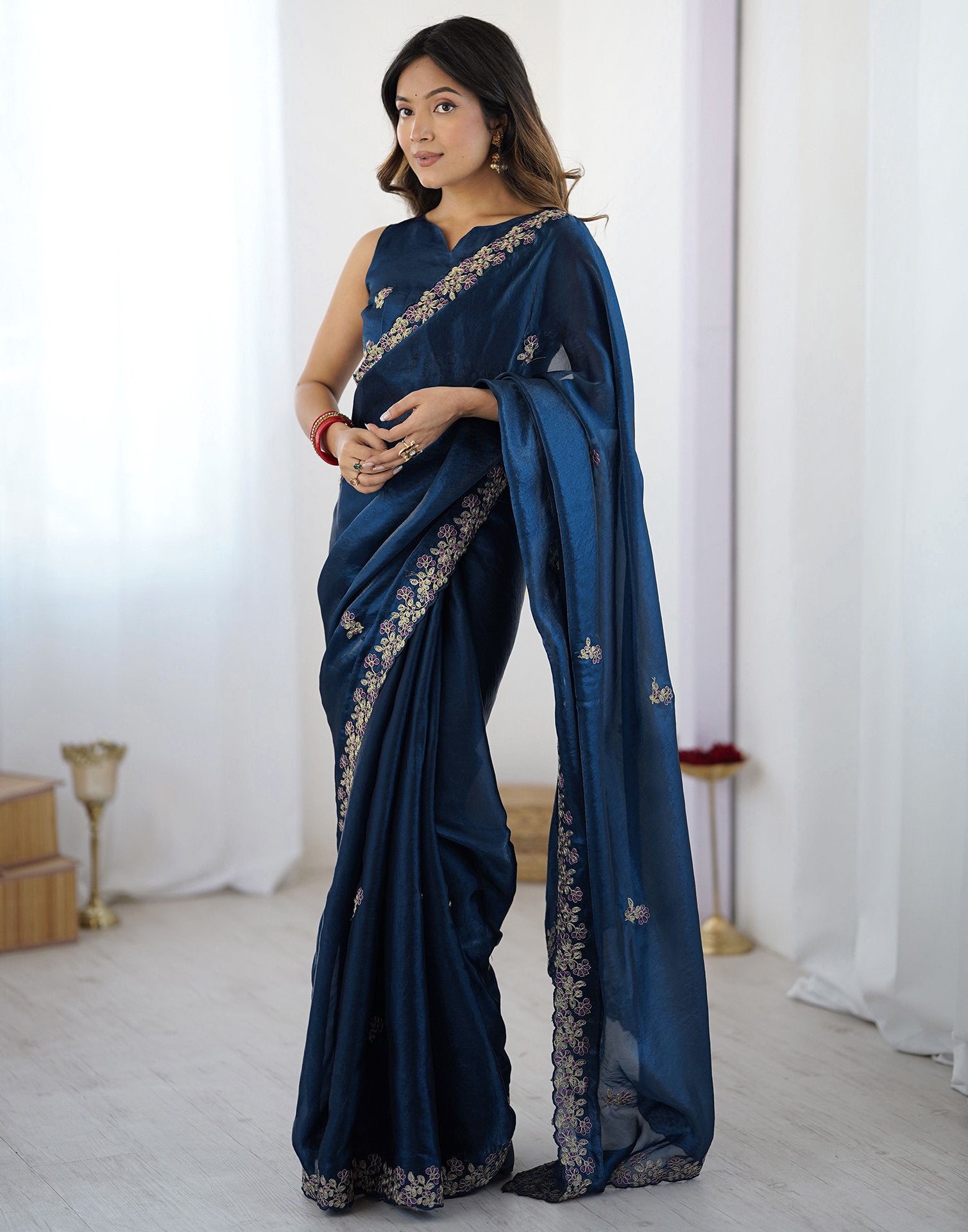 Dark Teal Blue Tissue Silk Sequence Embroidery Saree