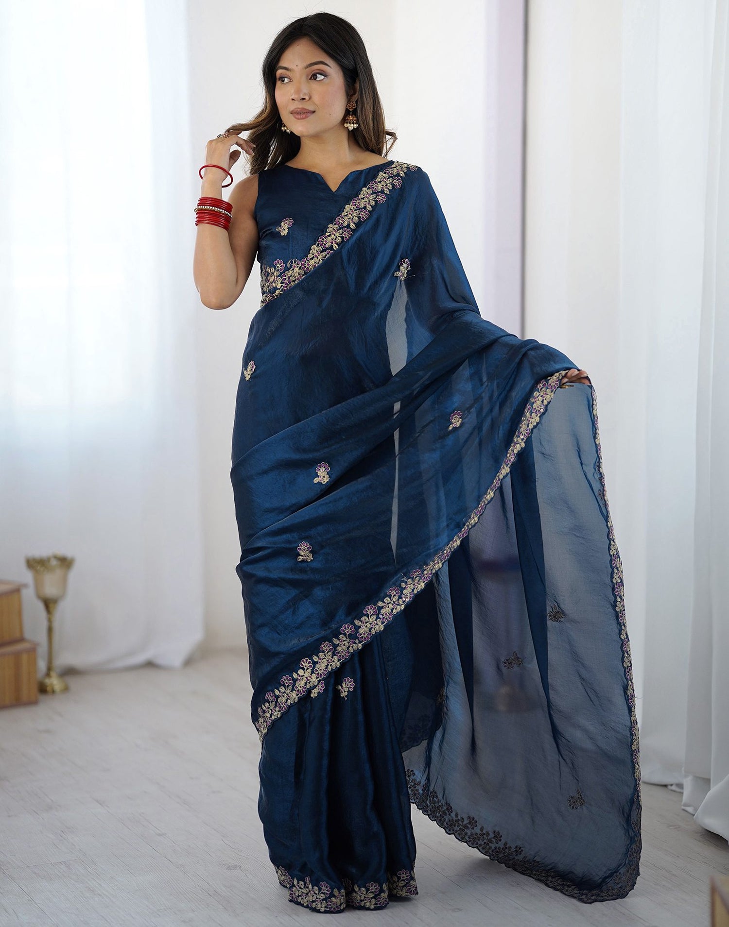 Dark Teal Blue Tissue Silk Sequence Embroidery Saree