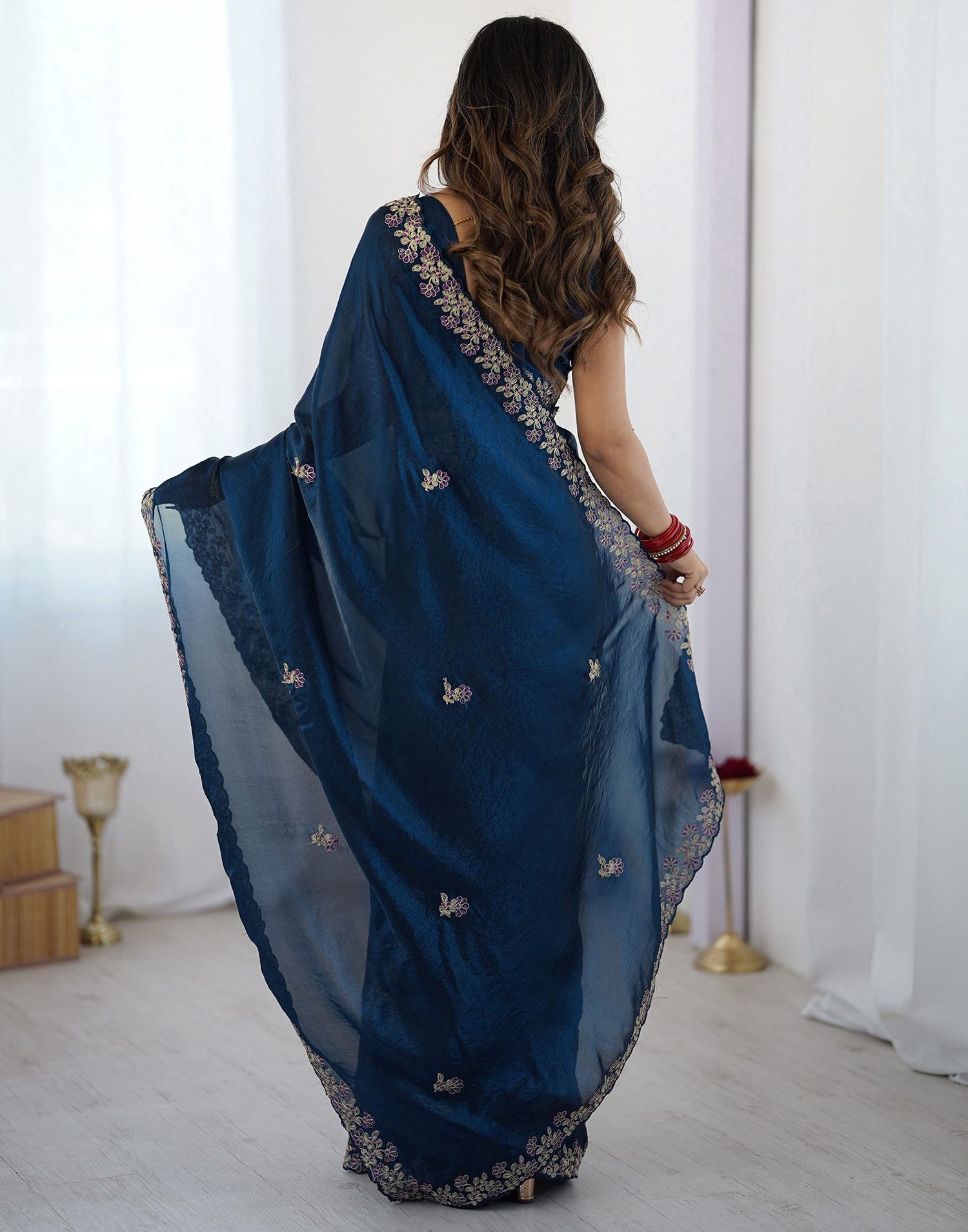 Dark Teal Blue Tissue Silk Sequence Embroidery Saree