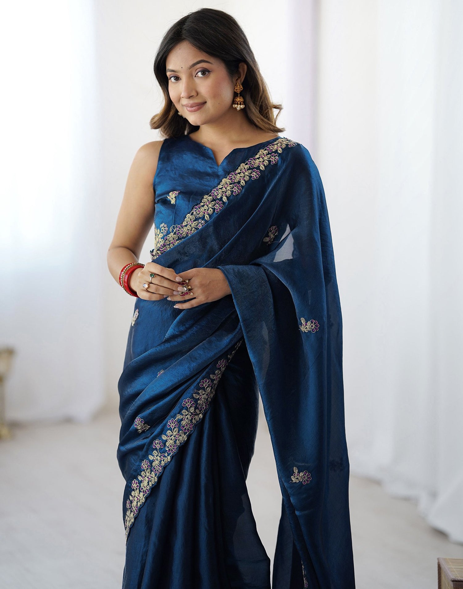 Dark Teal Blue Tissue Silk Sequence Embroidery Saree