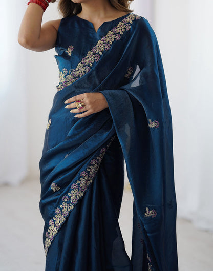 Dark Teal Blue Tissue Silk Sequence Embroidery Saree