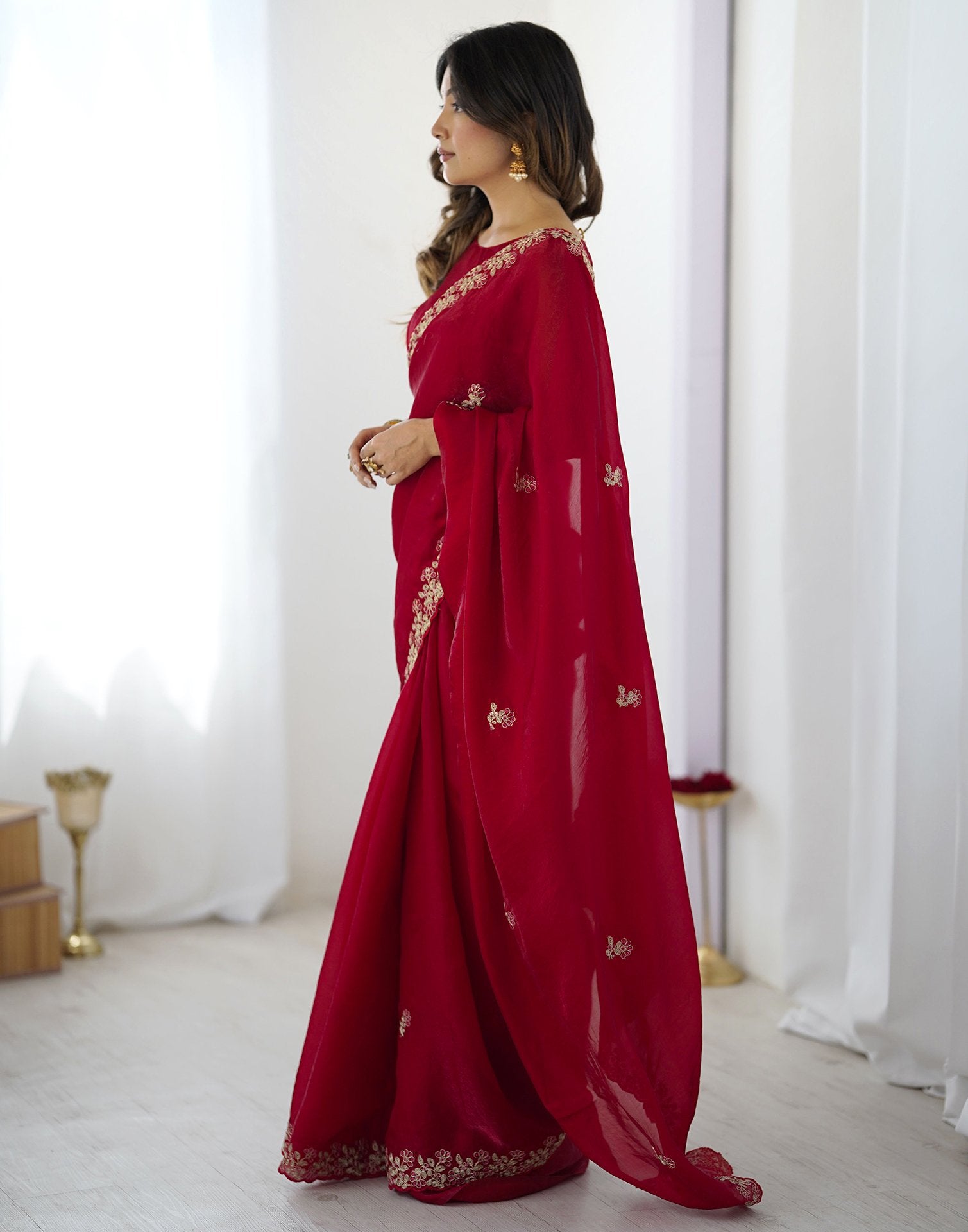 Red Tissue Silk Sequence Embroidery Saree