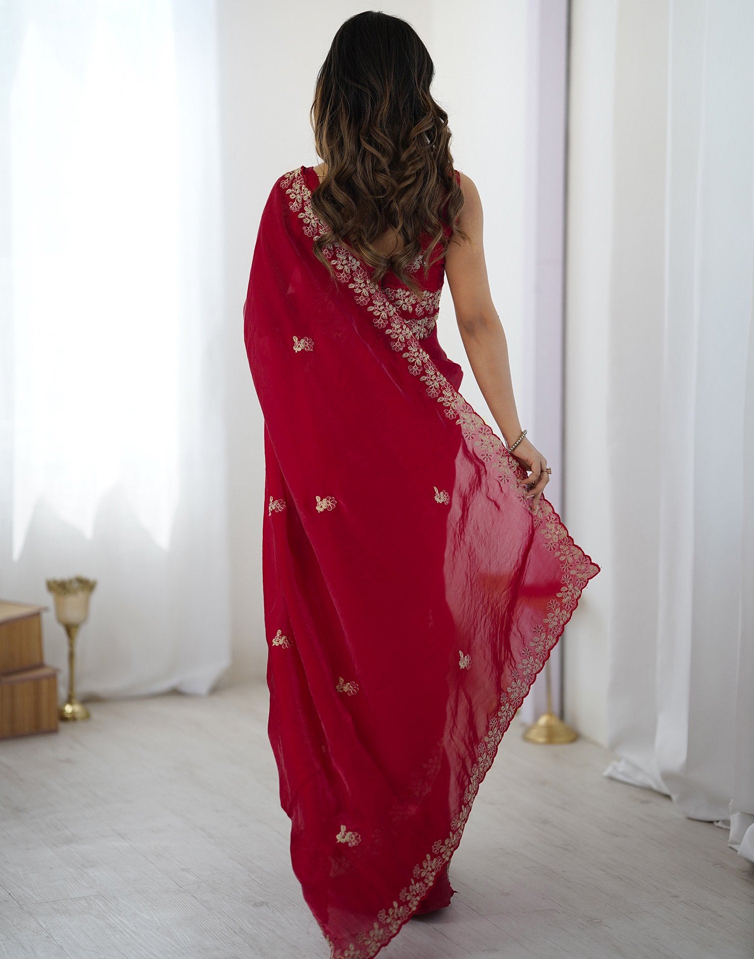 Red Tissue Silk Sequence Embroidery Saree