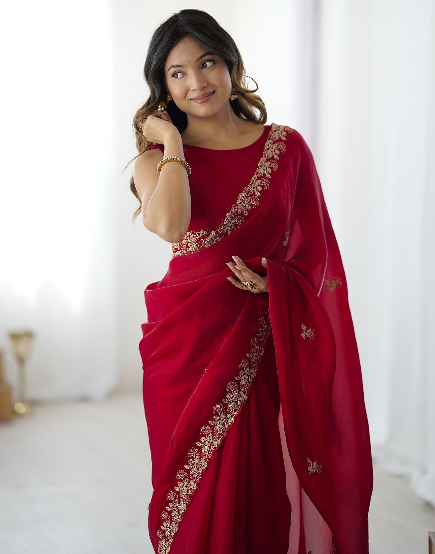 Red Tissue Silk Sequence Embroidery Saree
