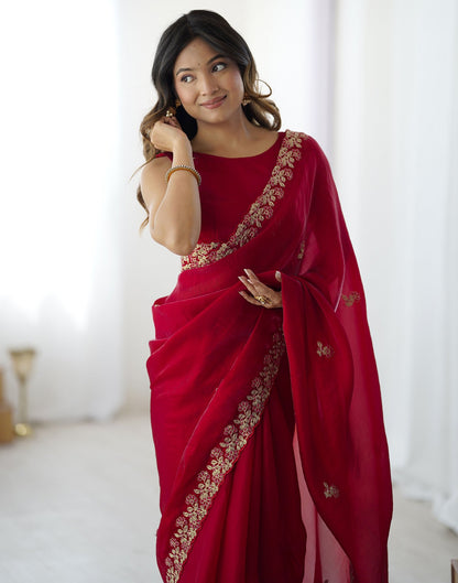 Red Tissue Silk Sequence Embroidery Saree