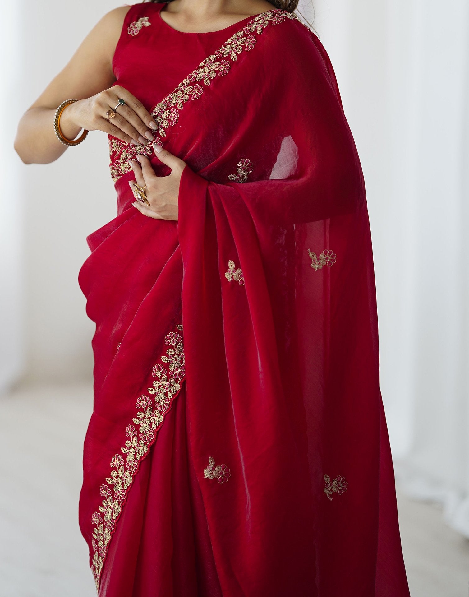 Red Tissue Silk Sequence Embroidery Saree