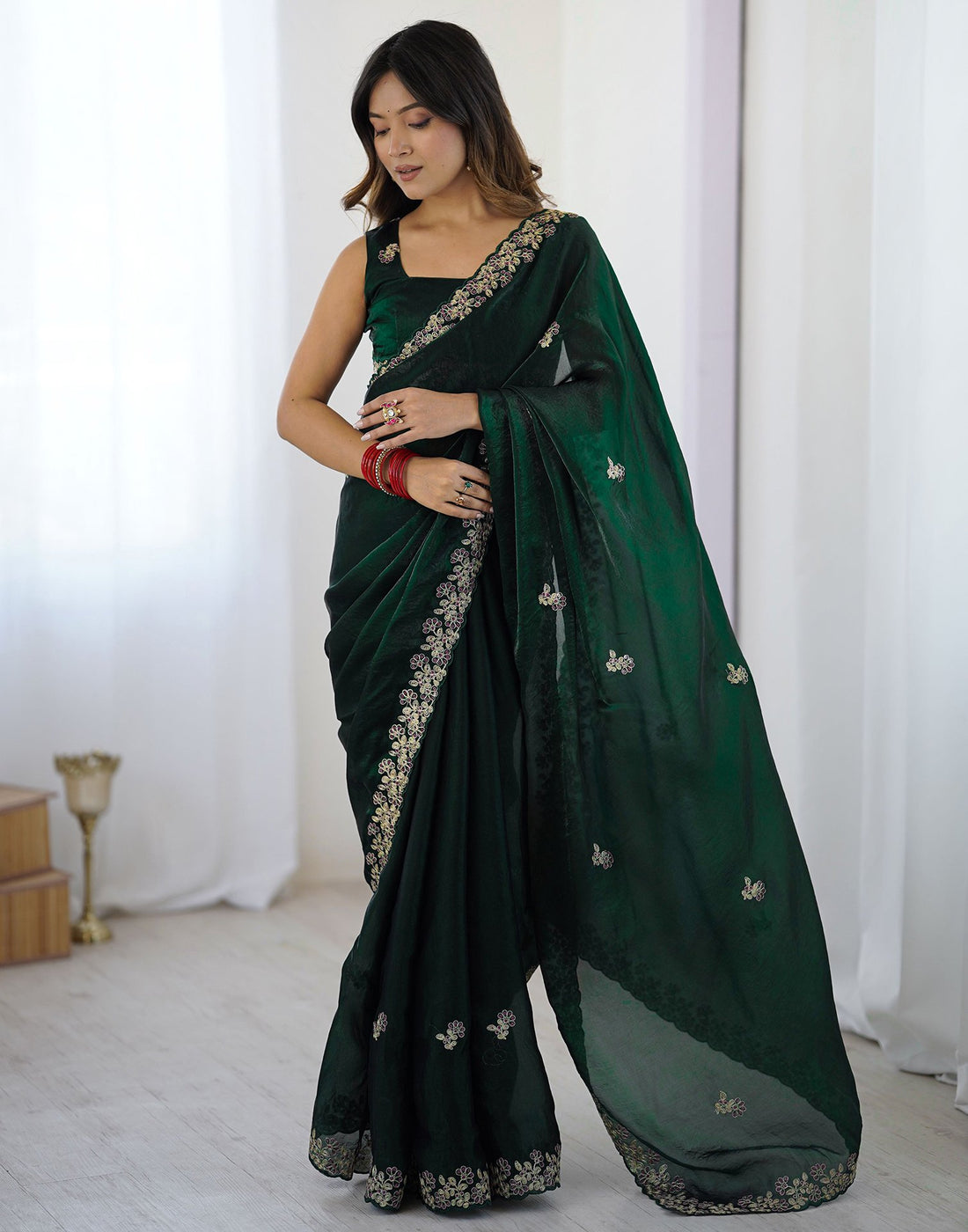 Bottle Green Tissue Silk Sequence Embroidery Saree