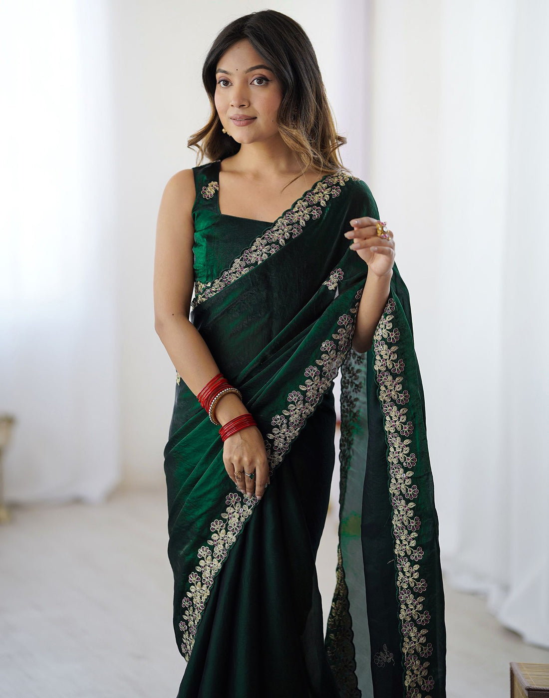 Bottle Green Tissue Silk Sequence Embroidery Saree