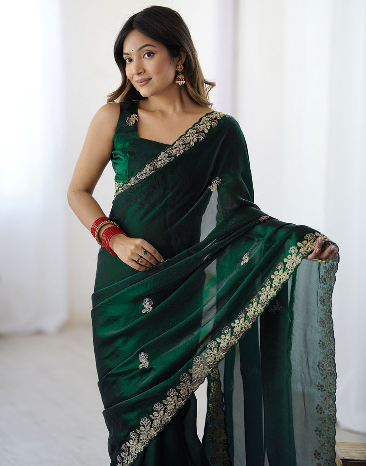 Bottle Green Tissue Silk Sequence Embroidery Saree