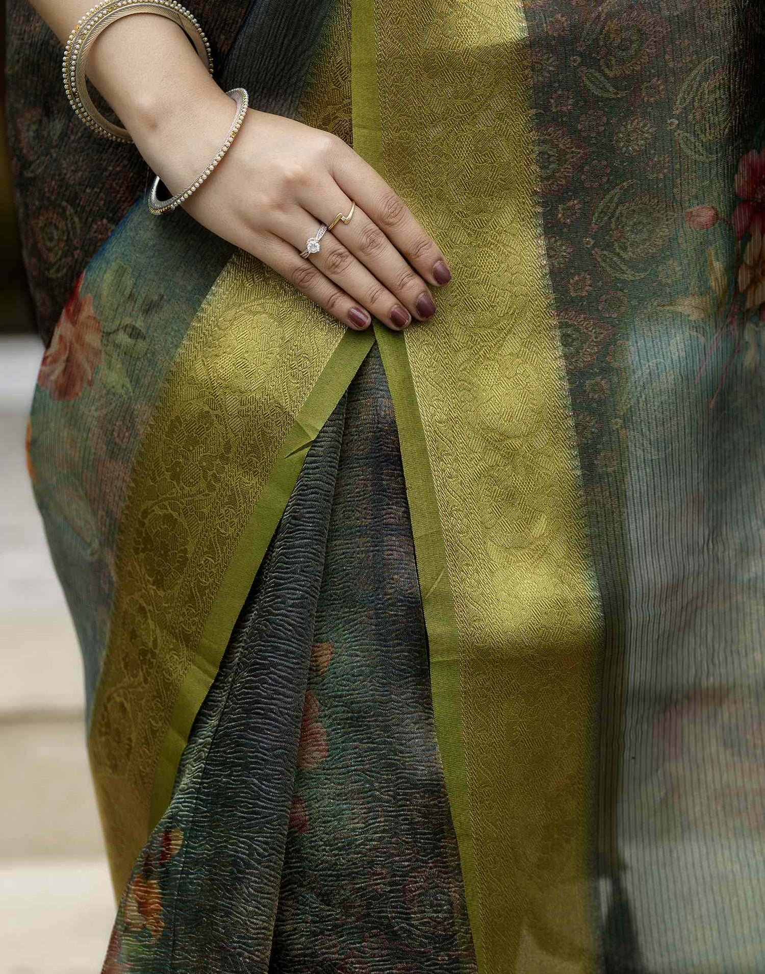 Teal Green Shimmer Organza Printed Saree