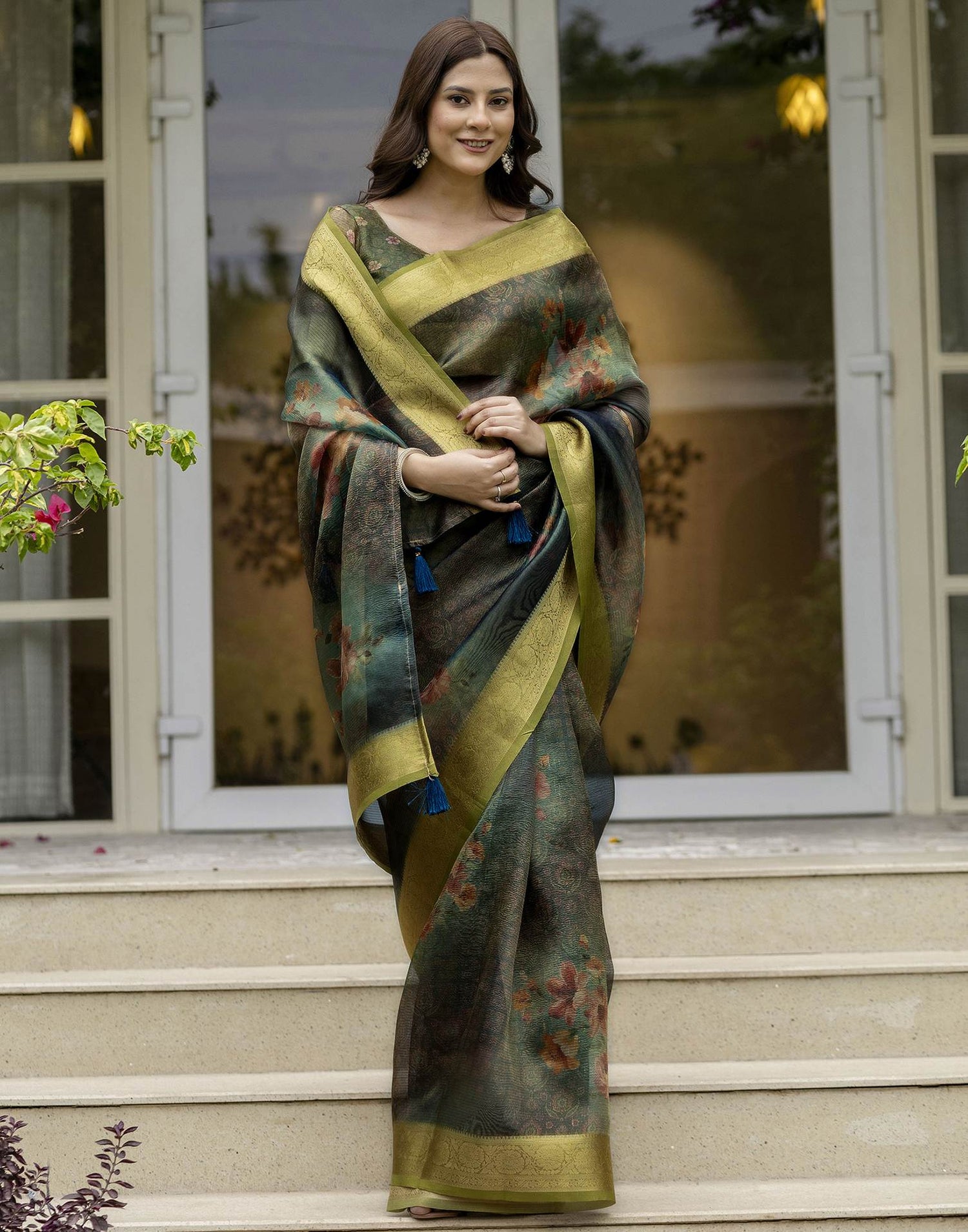 Teal Green Shimmer Organza Printed Saree