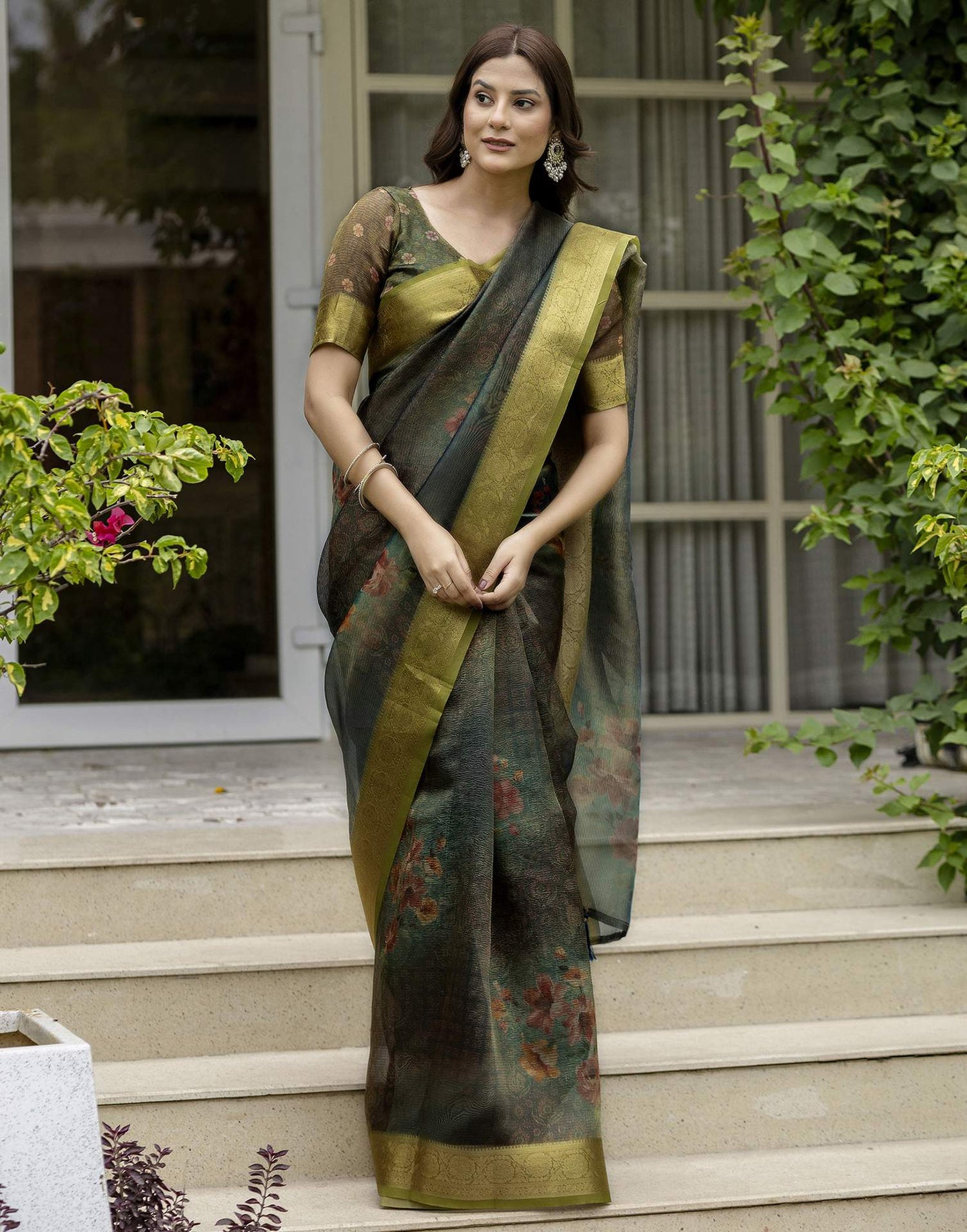 Teal Green Shimmer Organza Printed Saree