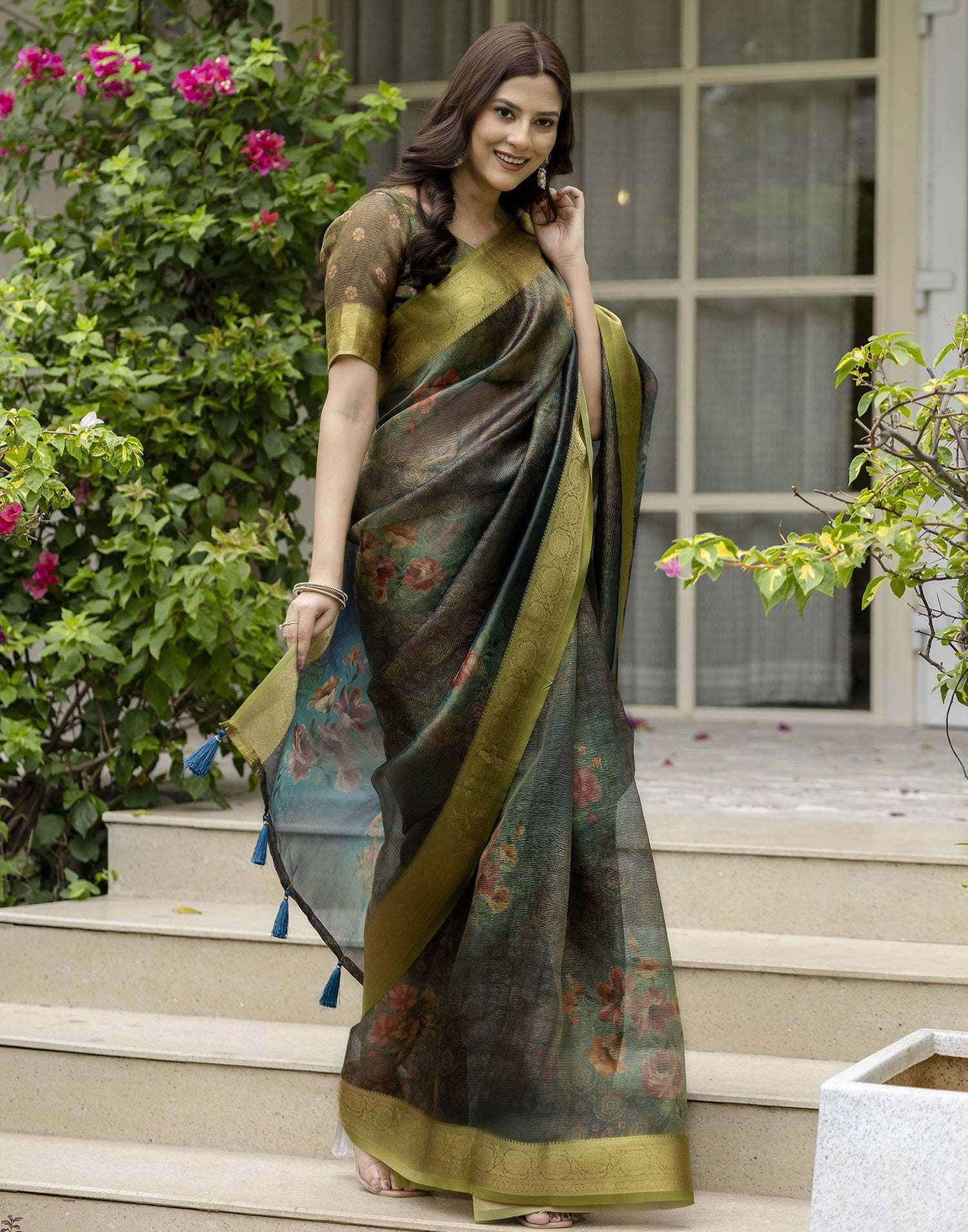 Teal Green Shimmer Organza Printed Saree