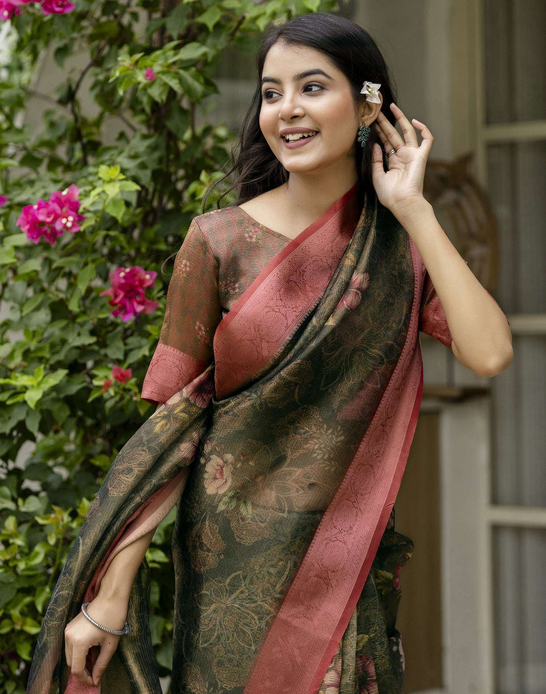 Dark Green Shimmer Organza Printed Saree