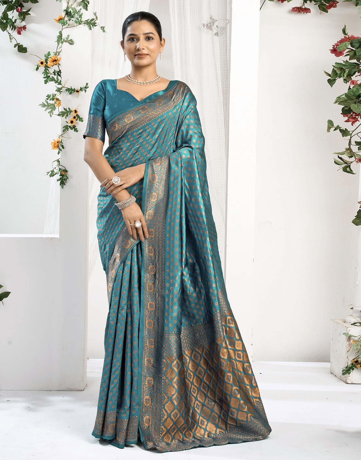 Teal Blue Silk Woven Banarasi Saree