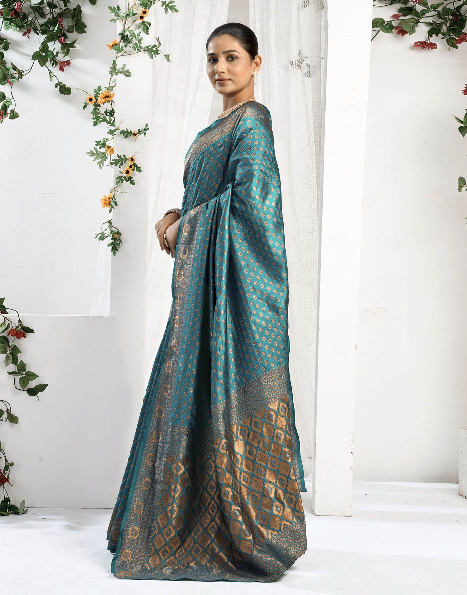 Teal Blue Silk Woven Banarasi Saree