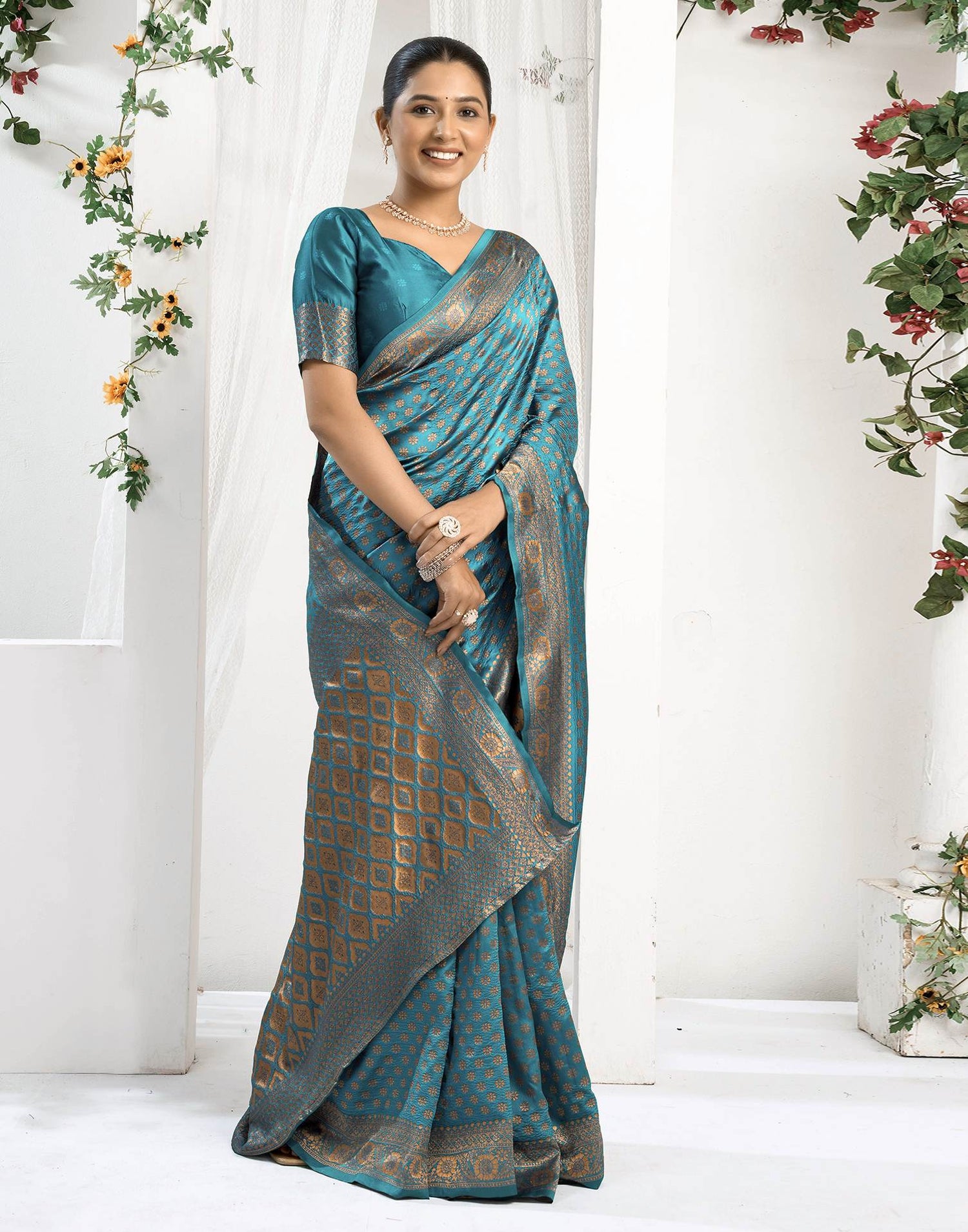 Teal Blue Silk Woven Banarasi Saree