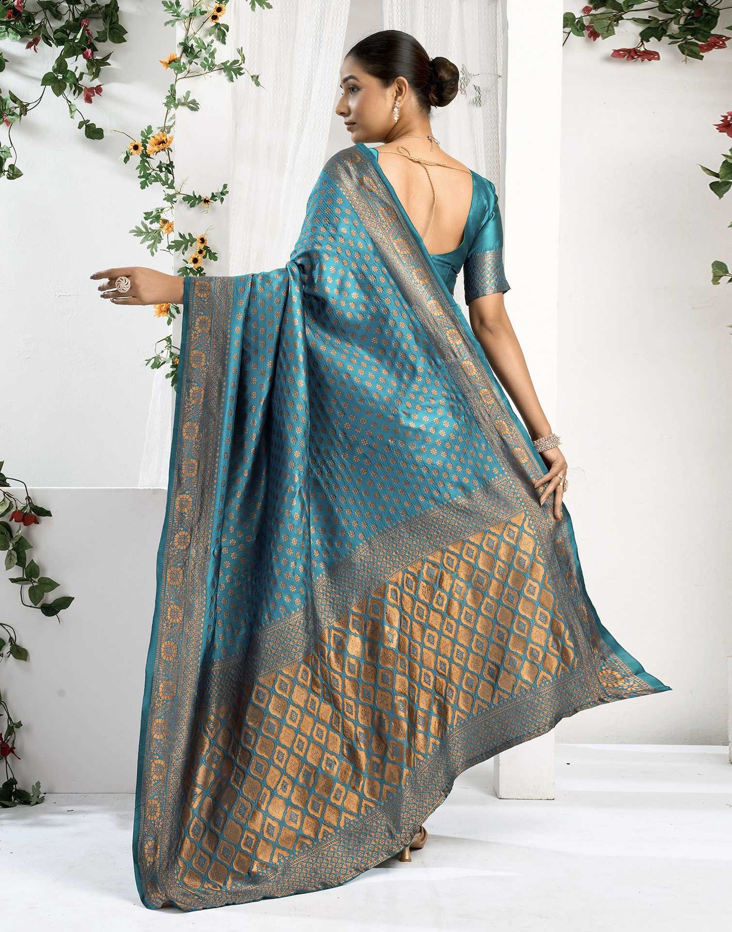Teal Blue Silk Woven Banarasi Saree