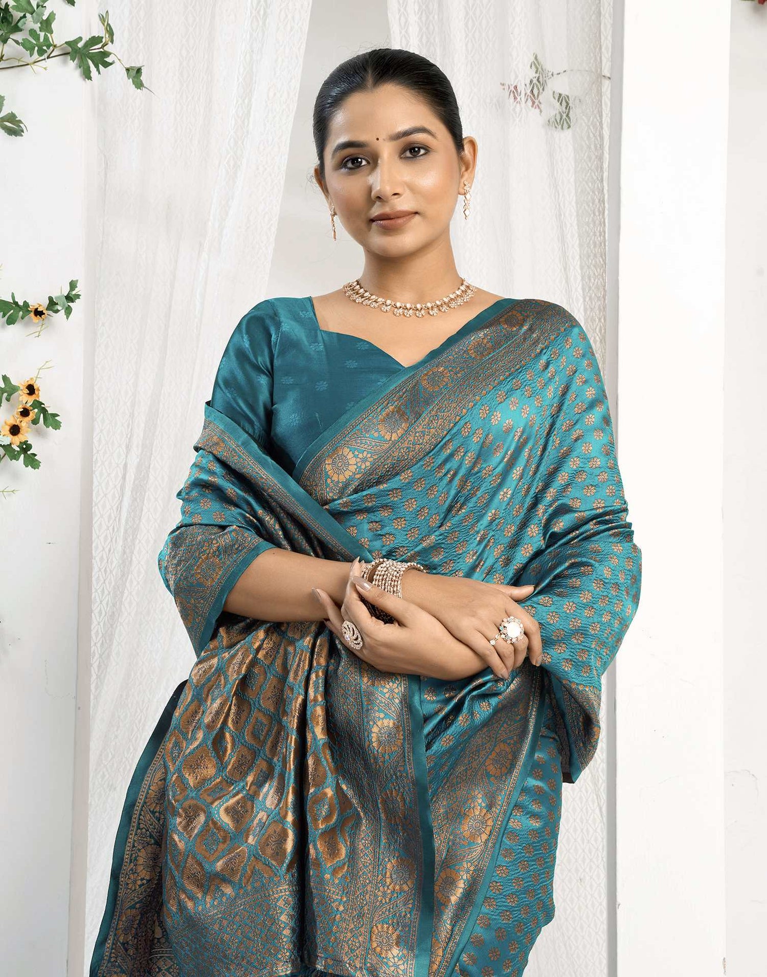 Teal Blue Silk Woven Banarasi Saree