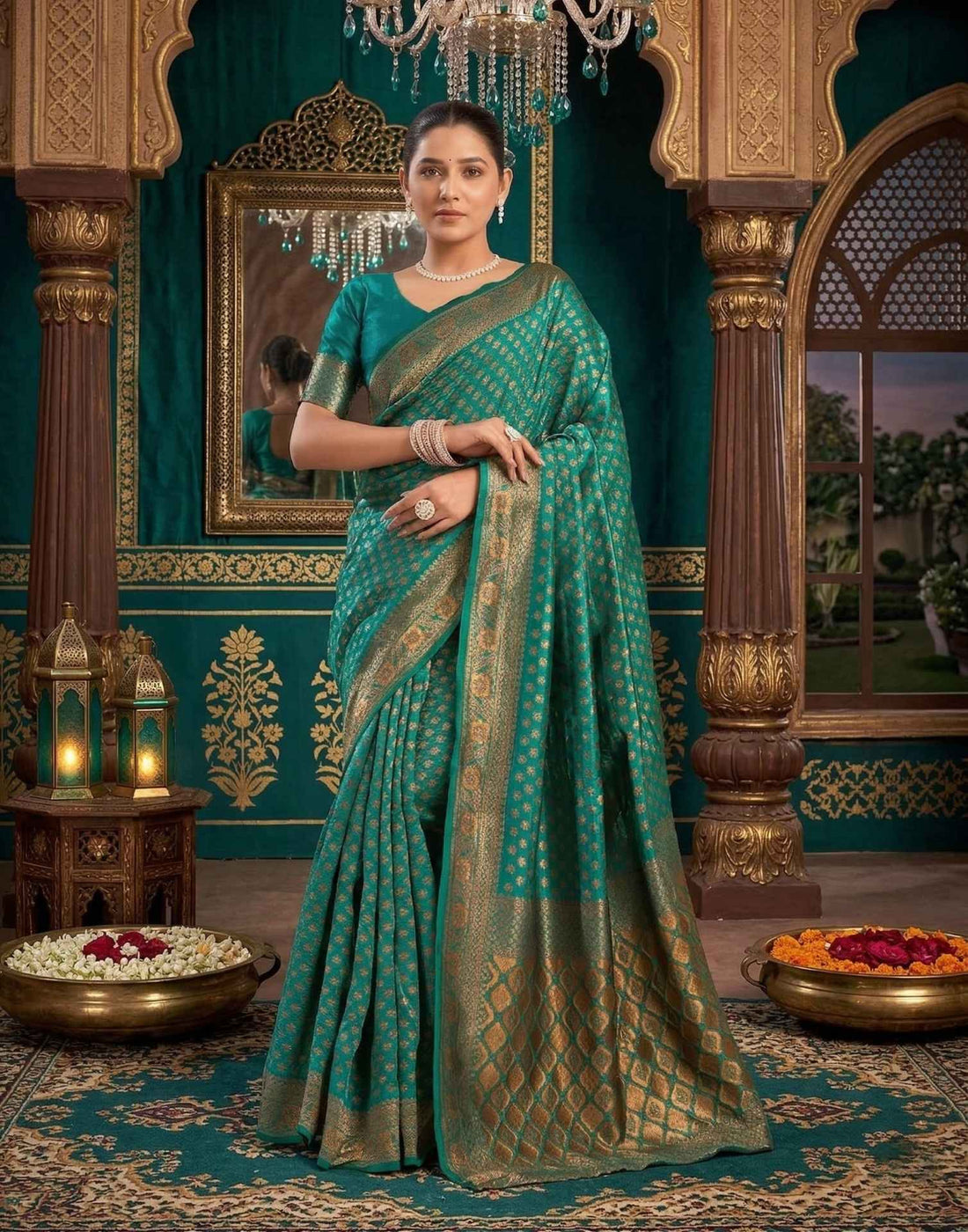 Teal Green Silk Woven Banarasi Saree