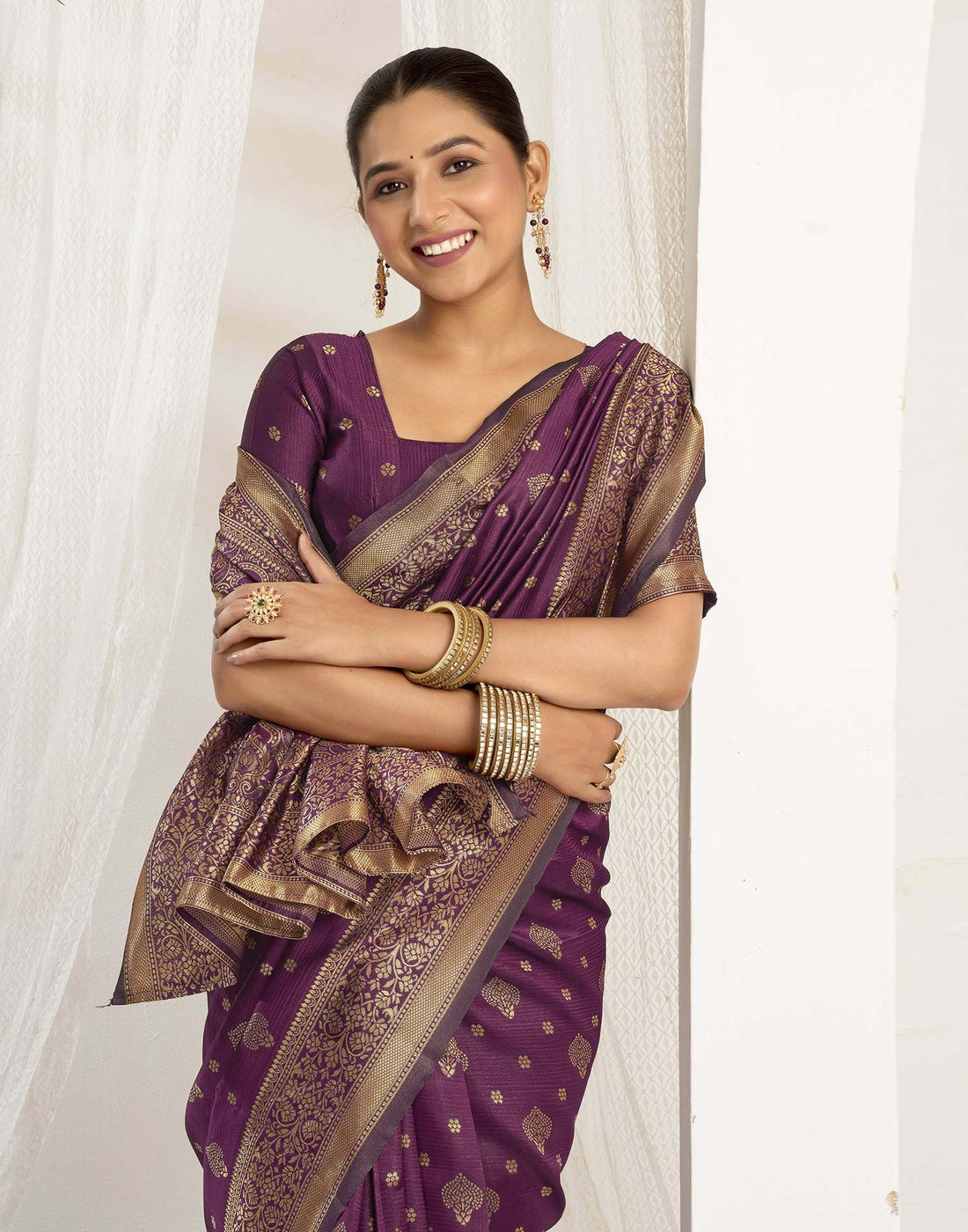 Wine Silk Woven Banarasi Saree