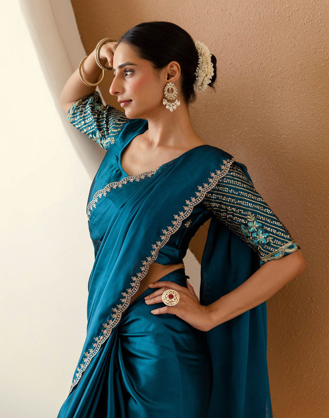 Rama Blue Silk Embroidery Saree