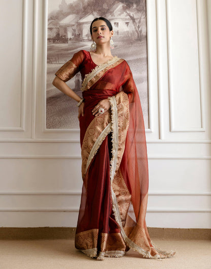 Dark Red Shimmer Woven Saree