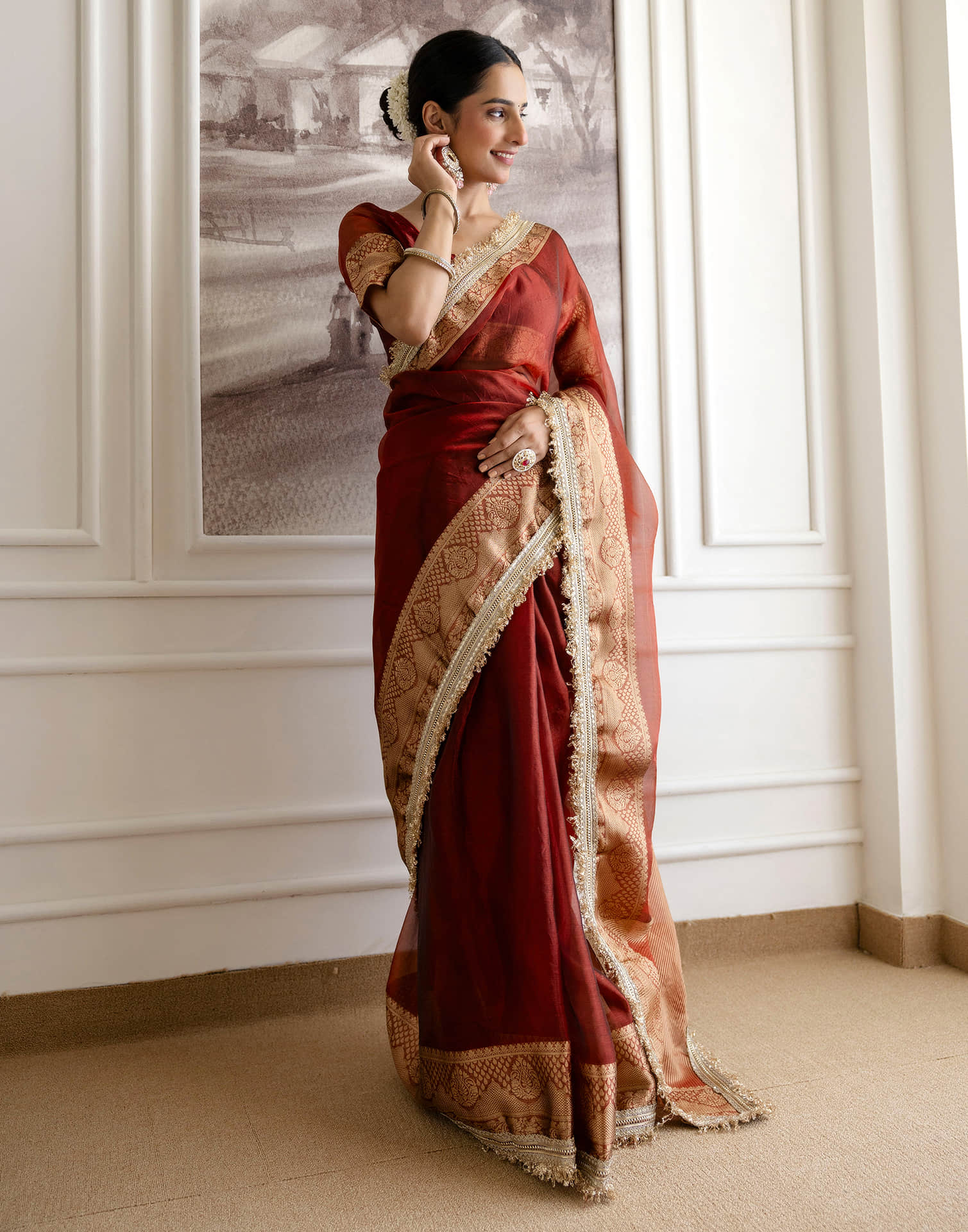 Dark Red Shimmer Woven Saree