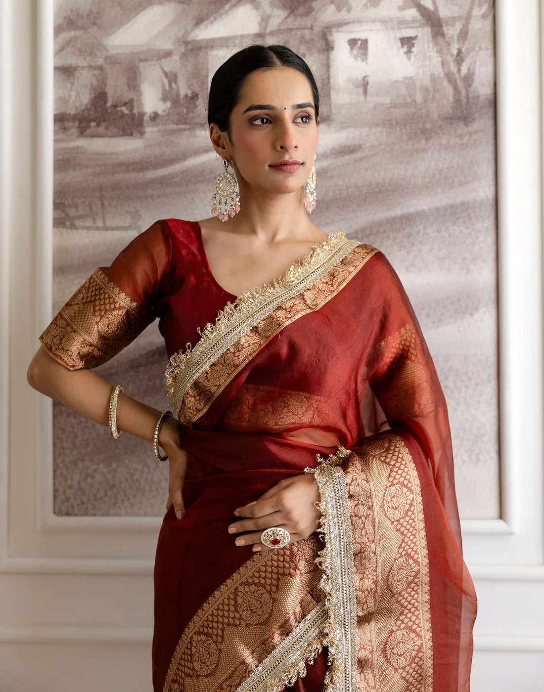 Dark Red Shimmer Woven Saree