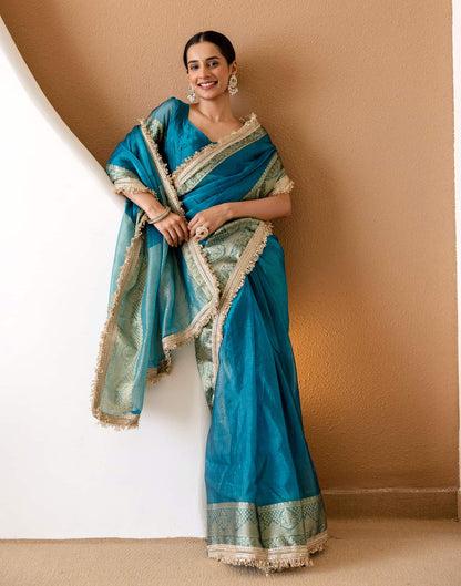 Teal Blue Shimmer Woven Saree