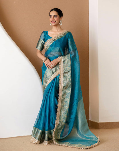 Teal Blue Shimmer Woven Saree