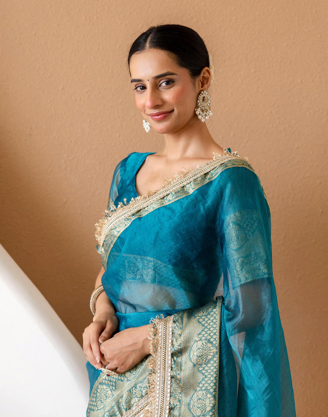 Teal Blue Shimmer Woven Saree