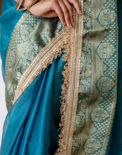 Teal Blue Shimmer Woven Saree