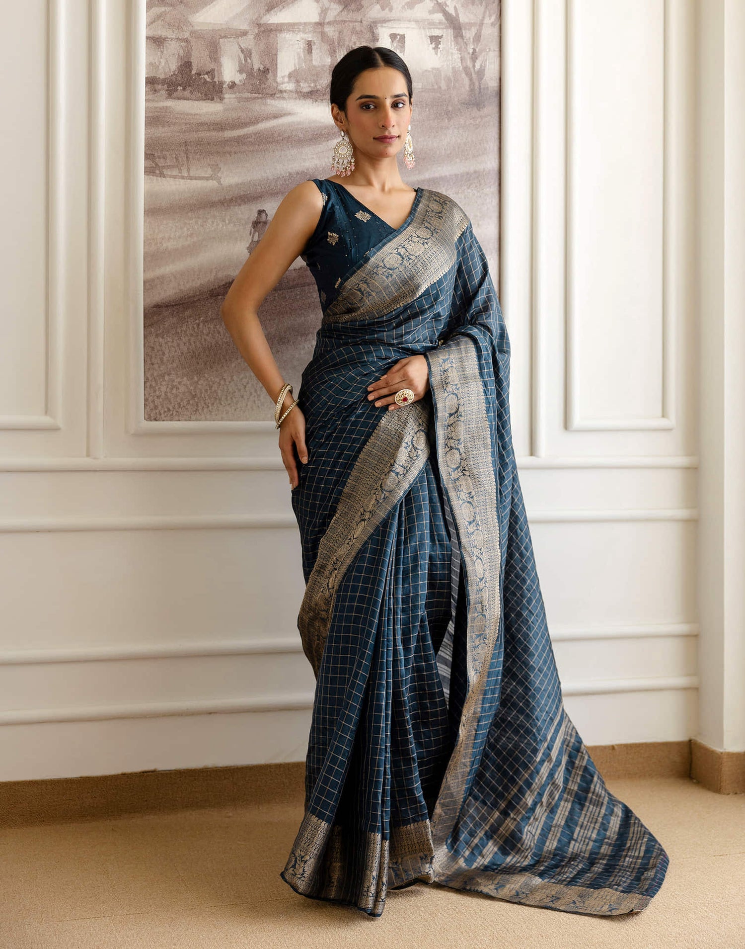 Cyan Blue Silk Woven Saree