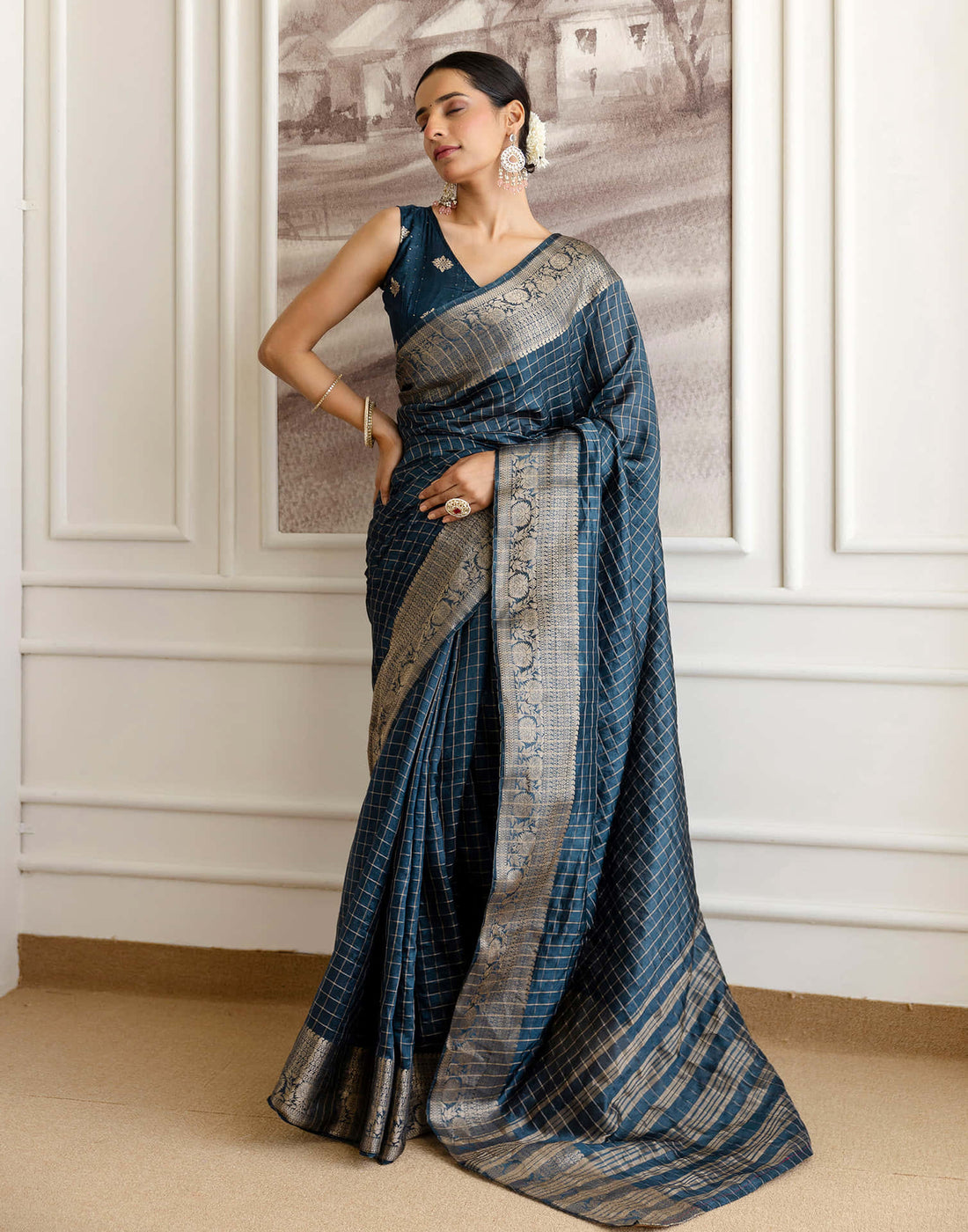 Cyan Blue Silk Woven Saree