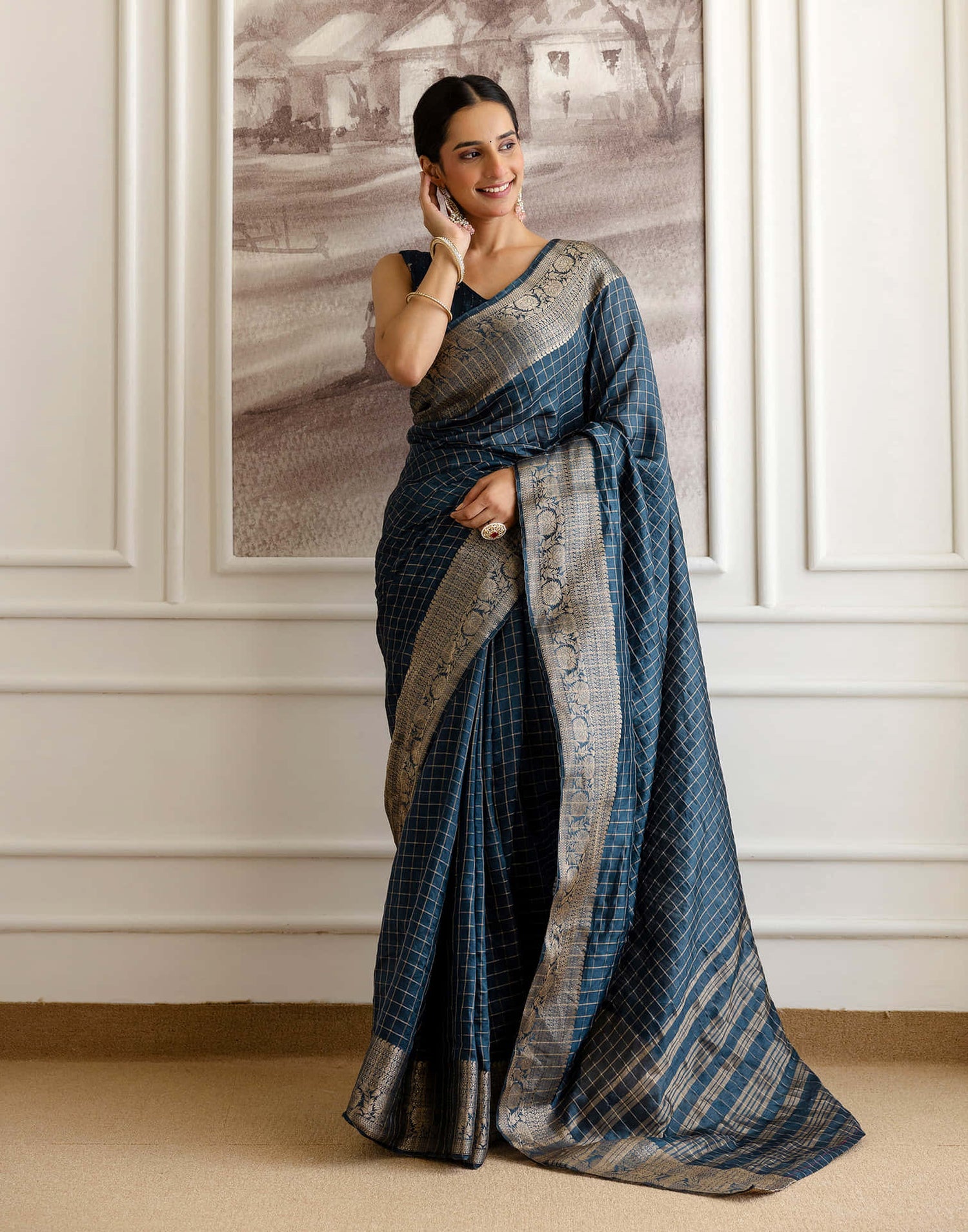 Cyan Blue Silk Woven Saree