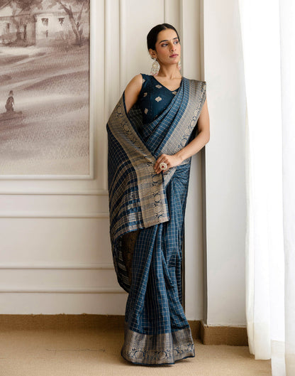 Cyan Blue Silk Woven Saree
