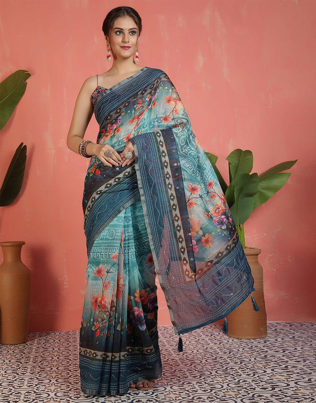 Rama Blue Chanderi Printed Saree